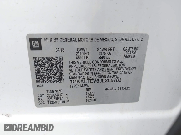 2018 GMC Terrain SLE z VIN 3GKALTEV6JL355782, wystawiony jako IAAI lot #42180344 z przebiegiem 109 364 mil mil oraz . Historia ofert i sprzedaży dostępna na DreamBid. Obrazek 9.