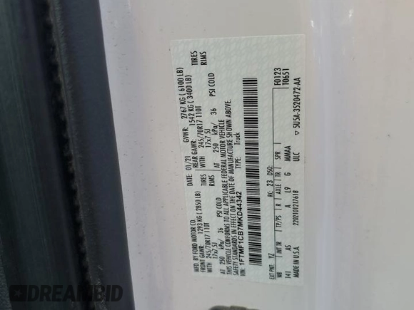 2021 Ford F-150 XL с VIN 1FTMF1CB7MKD44342, выставлен на аукционе Copart как лот 56133245 с пробегом 107 026 миль миль и Списание • Salvage title. История ставок и продаж доступна на DreamBid. Изображение 12.