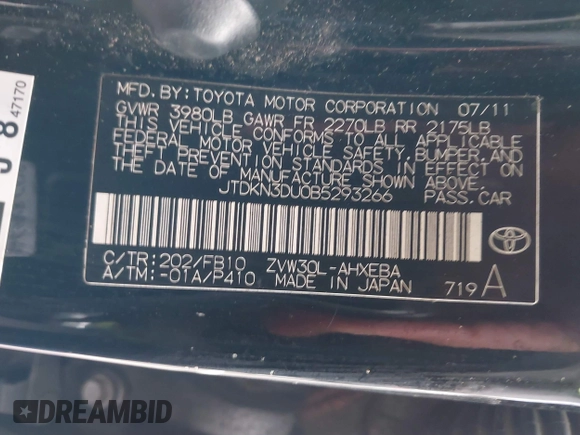 2011 Toyota Prius I with VIN JTDKN3DU0B5293266, listed as a IAAI auction lot 41160934 with 163,049 mi miles and . Bid and sale history available at DreamBid. Image 9.