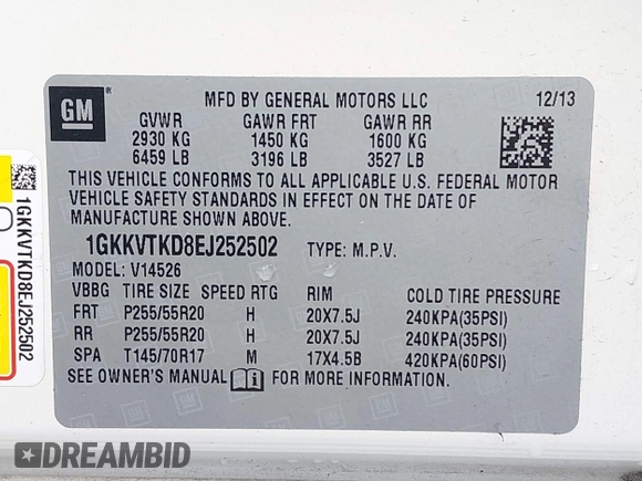 2014 GMC Acadia Denali with VIN 1GKKVTKD8EJ252502, listed as a IAAI auction lot 41957454 with 152,341 mi miles and . Bid and sale history available at carsss.com. Image 9.