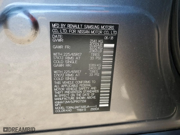 2018 Nissan Rogue SV with VIN KNMAT2MV5JP607159, listed as a Copart auction lot 87766105 with 58,868 mi miles and Salvage Title. Bid and sale history available at carsss.com. Image 16.