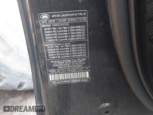 2006 Land Rover LR3 SE with VIN SALAE25416A387523, listed as a IAAI auction lot 42406740 with Not provided miles and . Bid and sale history available at DreamBid. Image 9.
