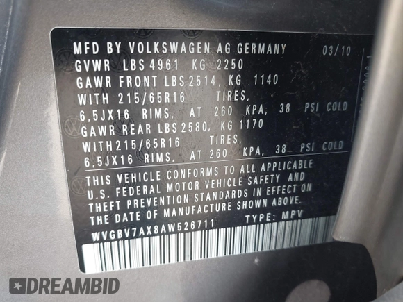 2010 Volkswagen Tiguan S with VIN WVGBV7AX8AW526711, listed as a IAAI auction lot 42735039 with 149,436 mi miles and . Bid and sale history available at DreamBid. Image 9.