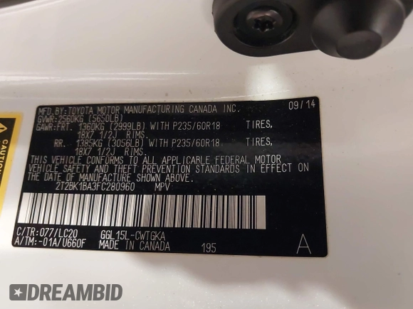 2015 Lexus RX 350 with VIN 2T2BK1BA3FC280960, listed as a IAAI auction lot 41179709 with 129,373 mi miles and . Bid and sale history available at DreamBid. Image 9.