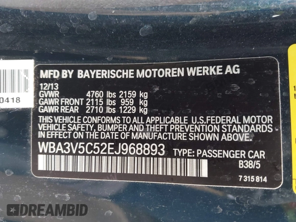 2014 BMW 4 Series 428i with VIN WBA3V5C52EJ968893, listed as a IAAI auction lot 41955531 with 91,090 mi miles and . Bid and sale history available at DreamBid. Image 9.
