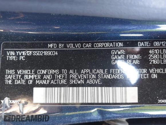 2013 Volvo S60 T5 Premier with VIN YV1612FS5D2189034, listed as a IAAI auction lot 42055704 with 134,225 mi miles. Bid and sale history available at carsss.com. Image 9.