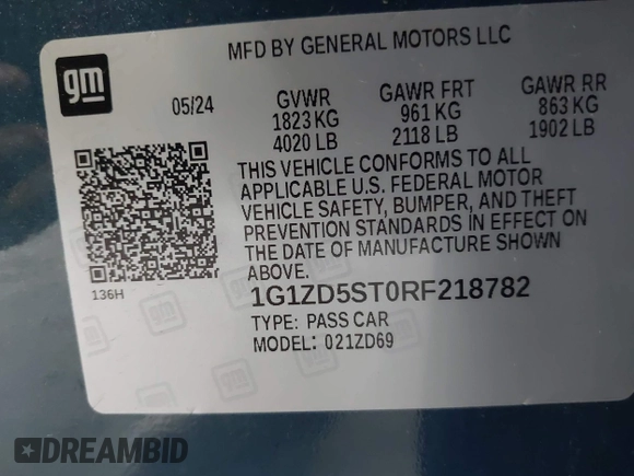 2024 Chevrolet Malibu LT with VIN 1G1ZD5ST0RF218782, listed as a IAAI auction lot 42096080 with 25,375 mi miles and . Bid and sale history available at DreamBid. Image 9.