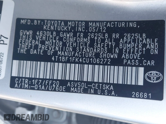 2012 Toyota Camry L with VIN 4T1BF1FK4CU106272, listed as a IAAI auction lot 41781966 with 229,243 mi miles. Bid and sale history available at carsss.com. Image 9.