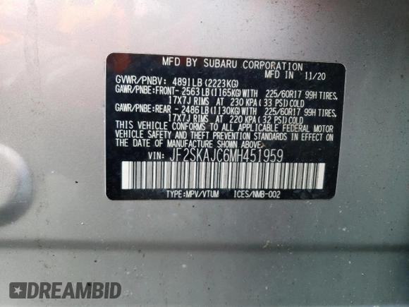2021 Subaru Forester Premium with VIN JF2SKAJC6MH451959, listed as a Copart auction lot 46230785 with 38,430 mi miles and Salvage Title. Bid and sale history available at carsss.com. Image 13.