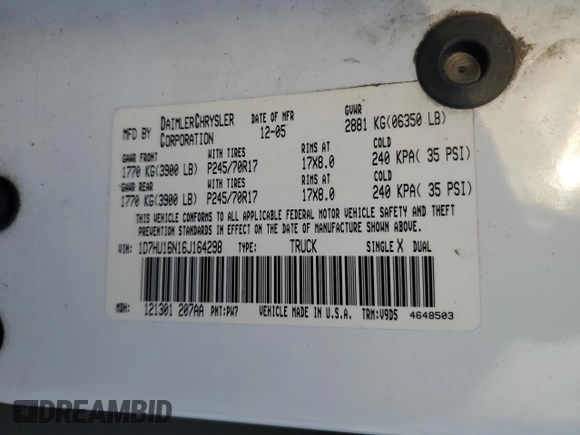 2006 Dodge 1500 SLT with VIN 1D7HU16N16J164298, listed as a Copart auction lot 76703694 with 153,463 mi miles and Salvage Title. Bid and sale history available at DreamBid. Image 13.
