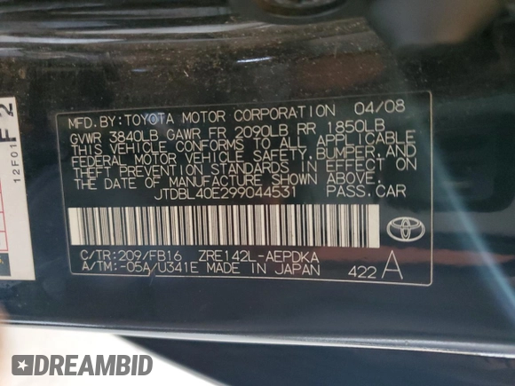 2009 Toyota Corolla with VIN JTDBL40E299044531, listed as a Copart auction lot 54779155 with 245,488 mi miles and Clean Title. Bid and sale history available at carsss.com. Image 12.