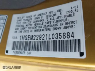 2001 Honda Civic EX with VIN 1HGEM22921L035884, listed as a IAAI auction lot 42022884 with 211,795 mi miles. Bid and sale history available at carsss.com. Image 9.