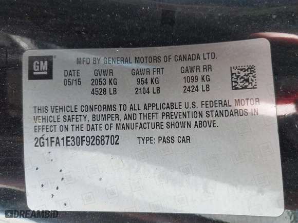 2015 Chevrolet Camaro LS with VIN 2G1FA1E30F9268702, listed as a IAAI auction lot 41820767 with 115246 miles. Bid and sale history available at carsss.com. Image 9.
