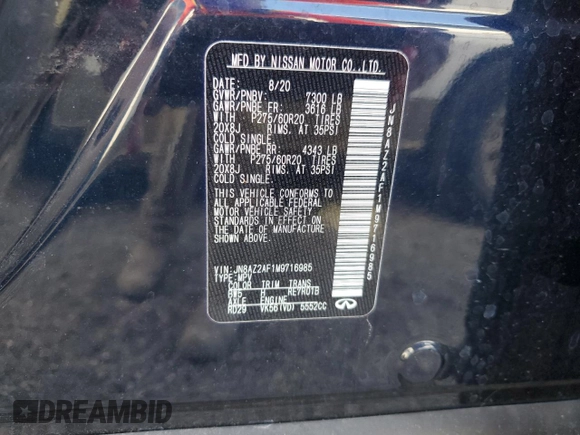 2021 Infiniti QX80 LUXE with VIN JN8AZ2AF1M9716985, listed as a Copart auction lot 74949784 with 0 mi miles and Salvage Title. Bid and sale history available at carsss.com. Image 14.