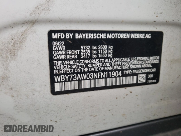 2022 BMW i4 eDrive40 with VIN WBY73AW03NFN11904, listed as a Copart auction lot 46142384 with 15,354 mi miles. Bid and sale history available at carsss.com. Image 12.