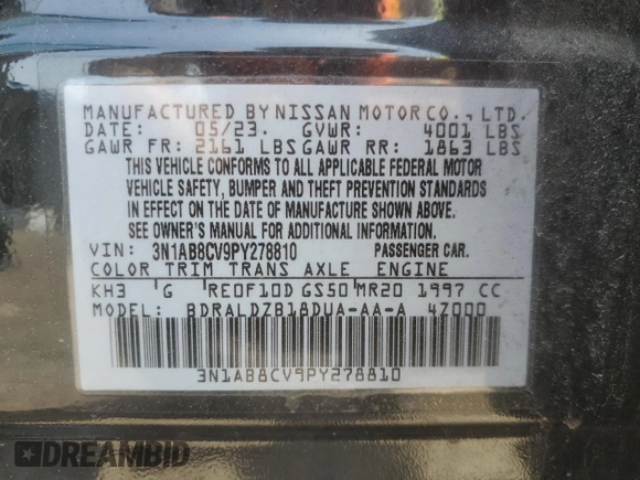 2023 Nissan Sentra SV z VIN 3N1AB8CV9PY278810, wystawiony jako Copart lot #58184855 z przebiegiem 46 612 mil mil oraz Czysty tytuł • Clean title. Historia ofert i sprzedaży dostępna na DreamBid. Obrazek 12.