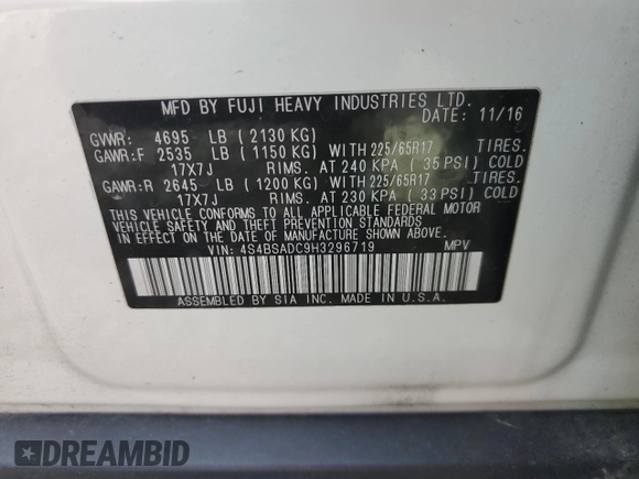 2017 Subaru Outback Premium with VIN 4S4BSADC9H3296719, listed as a Copart auction lot 43928314 with 112,260 mi miles and Salvage title. Bid and sale history available at DreamBid. Image 13.
