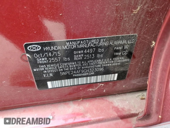 2016 Hyundai Sonata SE with VIN 5NPE24AF9GH323096, listed as a Copart auction lot 54190815 with 52,770 mi miles and Salvage Title. Bid and sale history available at carsss.com. Image 12.