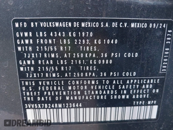 2024 Volkswagen Taos S z VIN 3VV5X7B24RM123644, wystawiony jako IAAI lot #42247698 z przebiegiem 8 097 mil mil oraz . Historia ofert i sprzedaży dostępna na DreamBid. Obrazek 9.