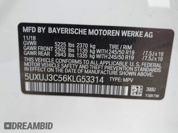 2019 BMW X4 xDrive30i with VIN 5UXUJ3C56KLG53314, listed as a IAAI auction lot 42164449 with 84,943 mi miles and . Bid and sale history available at DreamBid. Image 9.