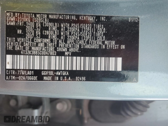 2012 Toyota Venza LE with VIN 4T3ZK3BB5CU047803, listed as a Copart auction lot 64138625 with 140,703 mi miles and Clean title. Bid and sale history available at DreamBid. Image 12.