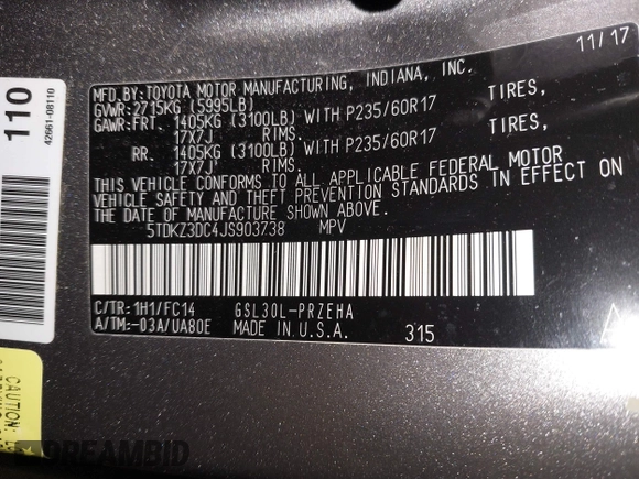2018 Toyota Sienna LE Auto Access Seat with VIN 5TDKZ3DC4JS903738, listed as a IAAI auction lot 41688581 with 42,511 mi miles. Bid and sale history available at carsss.com. Image 9.