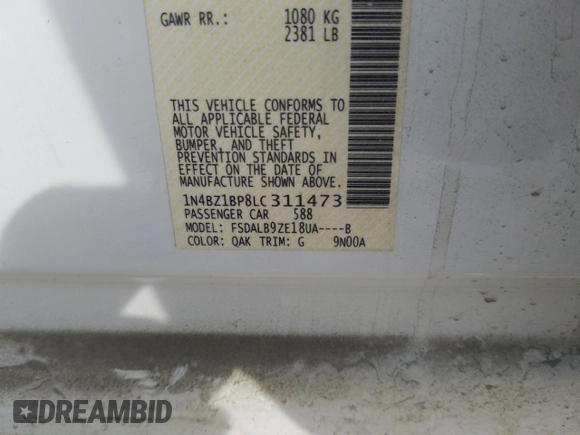 2020 Nissan LEAF z VIN 1N4BZ1BP8LC311473, wystawiony jako Copart lot #39809533 z przebiegiem Nie podano mil oraz . Historia ofert i sprzedaży dostępna na DreamBid. Obrazek 14.
