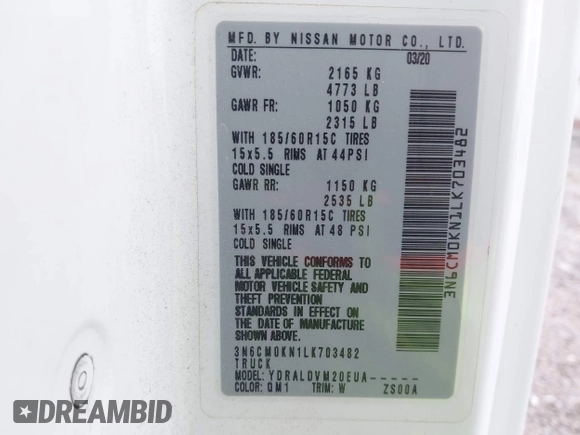 2020 Nissan NV200 SV with VIN 3N6CM0KN1LK703482, listed as a IAAI auction lot 42081942 with 96,739 mi miles and . Bid and sale history available at DreamBid. Image 9.