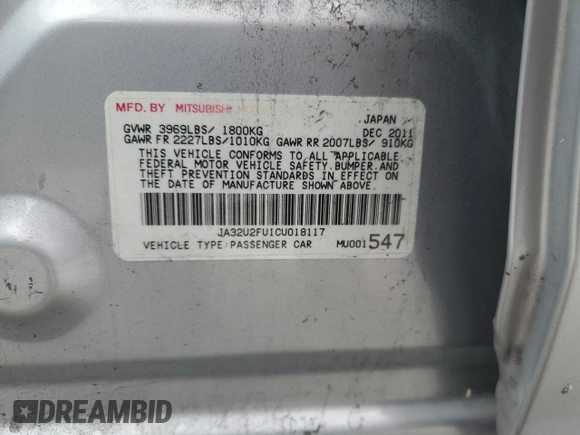 2012 Mitsubishi Lancer ES with VIN JA32U2FU1CU018117, listed as a Copart auction lot 41970695 with 110,369 mi miles and Salvage Title. Bid and sale history available at DreamBid. Image 12.