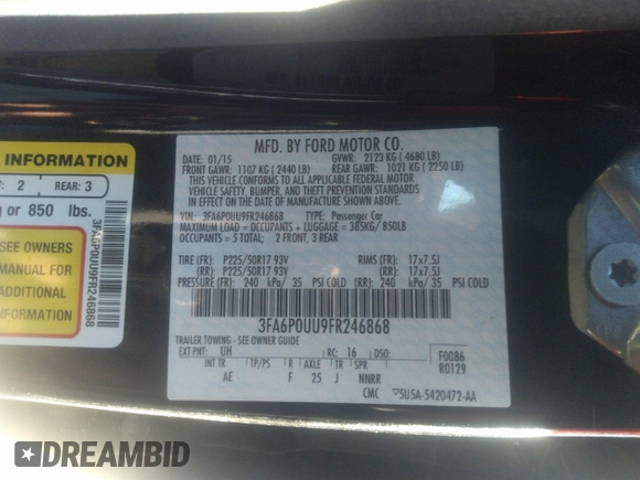 2015 Ford Fusion S Hybrid with VIN 3FA6P0UU9FR246868, listed as a IAAI auction lot 41307984 with 153,466 mi miles. Bid and sale history available at carsss.com. Image 9.