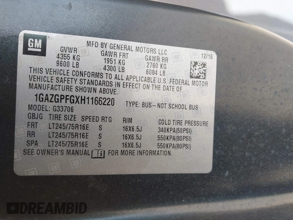 2017 Chevrolet Express Passenger LT z VIN 1GAZGPFGXH1166220, wystawiony jako IAAI lot #42018697 z przebiegiem 206 940 mil mil oraz . Historia ofert i sprzedaży dostępna na DreamBid. Obrazek 9.