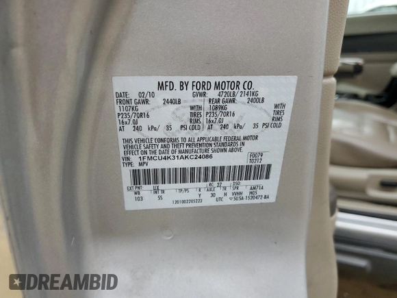 2010 Ford Escape Hybrid with VIN 1FMCU4K31AKC24086, listed as a Copart auction lot 54580895 with 194,510 mi miles and Salvage title. Bid and sale history available at DreamBid. Image 13.