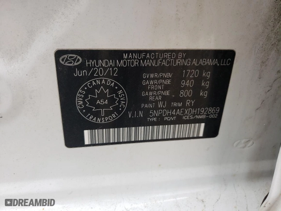 2013 Hyundai Elantra GLS PZEV with VIN 5NPDH4AEXDH192869, listed as a Copart auction lot 51993775 with 252,039 mi miles and Salvage Title. Bid and sale history available at carsss.com. Image 12.