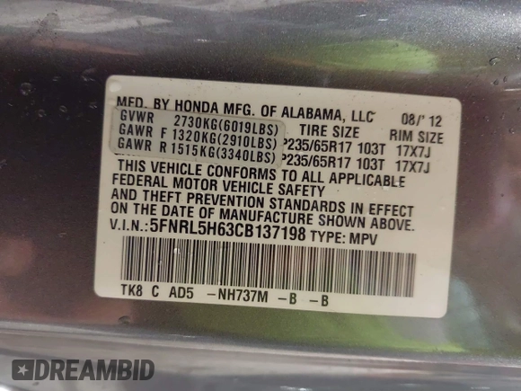 2012 Honda Odyssey EX-L with VIN 5FNRL5H63CB137198, listed as a IAAI auction lot 42706690 with 305,753 mi miles and . Bid and sale history available at DreamBid. Image 9.