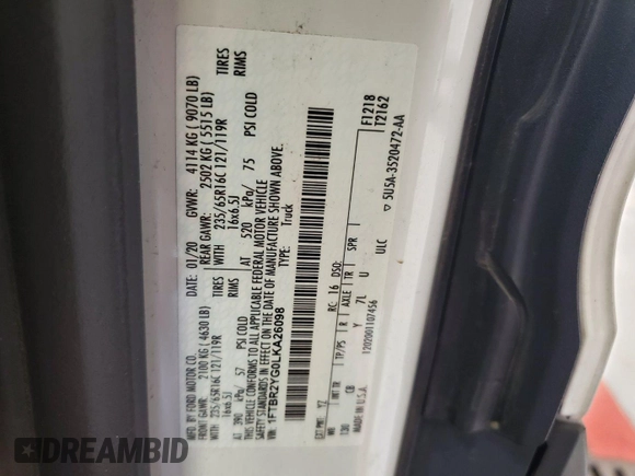 2020 Ford Transit Cargo with VIN 1FTBR2YG0LKA26098, listed as a IAAI auction lot 42905476 with 99,706 mi miles and . Bid and sale history available at DreamBid. Image 11.