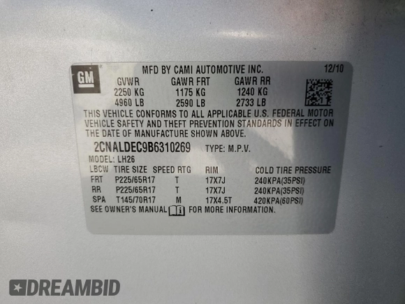 2011 Chevrolet Equinox LT w/1LT with VIN 2CNALDEC9B6310269, listed as a Copart auction lot 52637165 with 151,287 mi miles and Salvage Title. Bid and sale history available at carsss.com. Image 13.