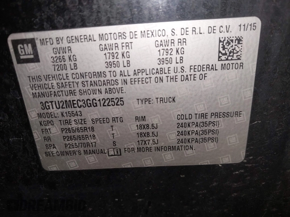 2016 GMC Sierra 1500 with VIN 3GTU2MEC3GG122525, listed as a IAAI auction lot 42016277 with 161,655 mi miles and . Bid and sale history available at DreamBid. Image 9.
