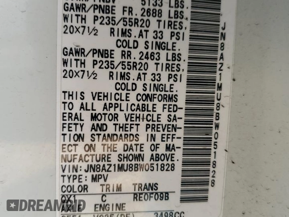 2011 Nissan Murano LE with VIN JN8AZ1MU8BW051828, listed as a Copart auction lot 53504425 with 177,819 mi miles and Salvage Title. Bid and sale history available at carsss.com. Image 13.