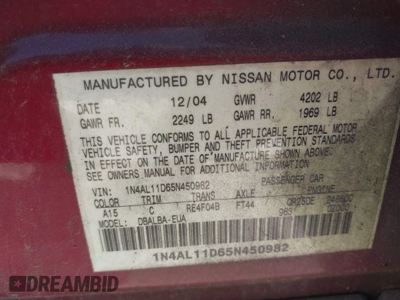 2005 Nissan Altima 2.5 S with VIN 1N4AL11D65N450982, listed as a IAAI auction lot 42018398 with 302,494 mi miles. Bid and sale history available at carsss.com. Image 9.