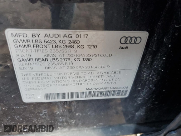 2017 Audi Q5 Premium Plus with VIN WA1M2AFP1HA096078, listed as a Copart auction lot 51147415 with 68,236 mi miles and Clean Title. Bid and sale history available at carsss.com. Image 12.