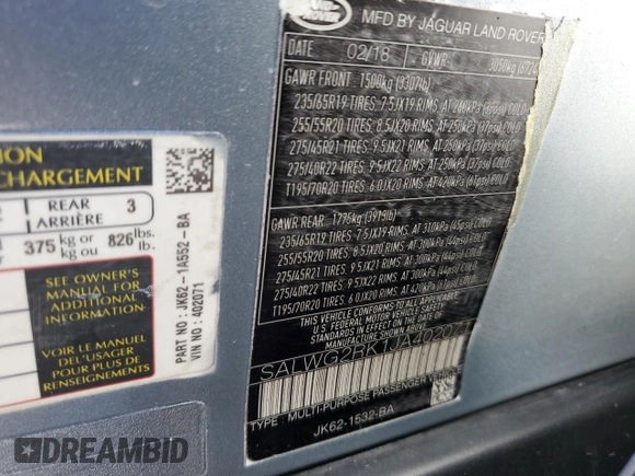 2018 Land Rover Range Rover Sport SE with VIN SALWG2RK1JA402071, listed as a Copart auction lot 77956644 with 79,629 mi miles and Salvage Title. Bid and sale history available at DreamBid. Image 13.
