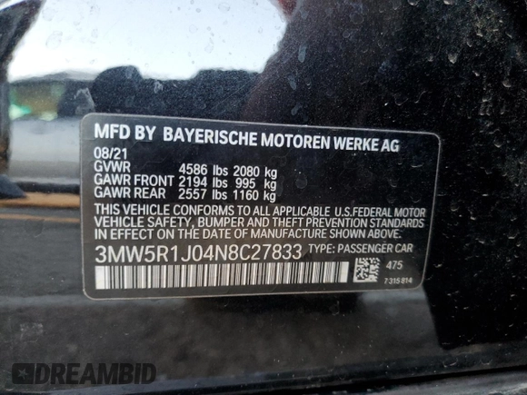 2022 BMW 3 Series 330i with VIN 3MW5R1J04N8C27833, listed as a Copart auction lot 88035205 with 35,518 mi miles and Salvage Title. Bid and sale history available at carsss.com. Image 12.