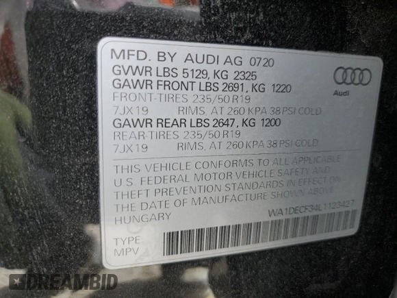 2020 Audi Q3 S line Premium with VIN WA1DECF34L1123427, listed as a Copart auction lot 44001445 with 52,799 mi miles and Salvage Title. Bid and sale history available at carsss.com. Image 13.