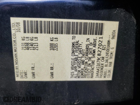 2009 Nissan Maxima SV z VIN 1N4AA51E79C827021, wystawiony jako Copart lot #59654455 z przebiegiem 119 899 mil mil oraz Czysty tytuł • Clean title. Historia ofert i sprzedaży dostępna na DreamBid. Obrazek 12.