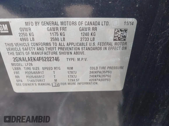 2015 Chevrolet Equinox LS z VIN 2GNALAEK4F6202746, wystawiony jako IAAI lot #42373909 z przebiegiem 100 421 mil mil oraz . Historia ofert i sprzedaży dostępna na DreamBid. Obrazek 9.