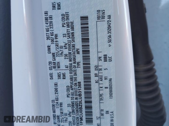 2020 Ford Escape SE Sport Hybrid with VIN 1FMCU0BZ0LUB31368, listed as a Copart auction lot 87431334 with 47,091 mi miles and Salvage Title. Bid and sale history available at carsss.com. Image 13.