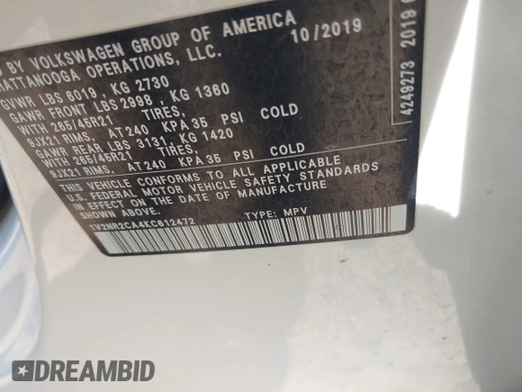 2019 Volkswagen Atlas SEL Premium with VIN 1V2NR2CA4KC612472, listed as a IAAI auction lot 42095556 with 98,397 mi miles and . Bid and sale history available at DreamBid. Image 9.