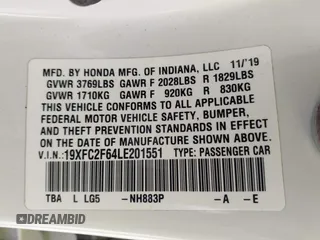 2020 Honda Civic Sedan LX with VIN 19XFC2F64LE201551, listed as a IAAI auction lot 41939055 with 67,461 mi miles. Bid and sale history available at carsss.com. Image 9.