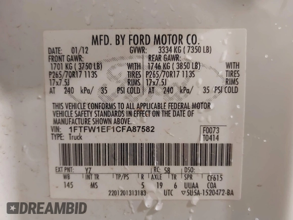 2012 Ford F-150 XL with VIN 1FTFW1EF1CFA87582, listed as a IAAI auction lot 42270927 with 199,779 mi miles and . Bid and sale history available at DreamBid. Image 9.