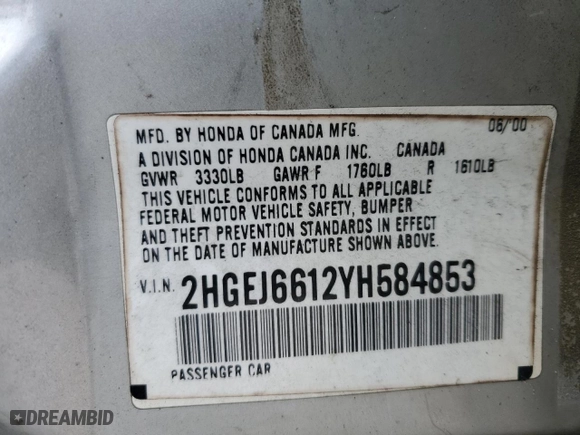 2000 Honda Civic VP with VIN 2HGEJ6612YH584853, listed as a Copart auction lot 87037754 with 169,552 mi miles and Salvage Title. Bid and sale history available at carsss.com. Image 12.